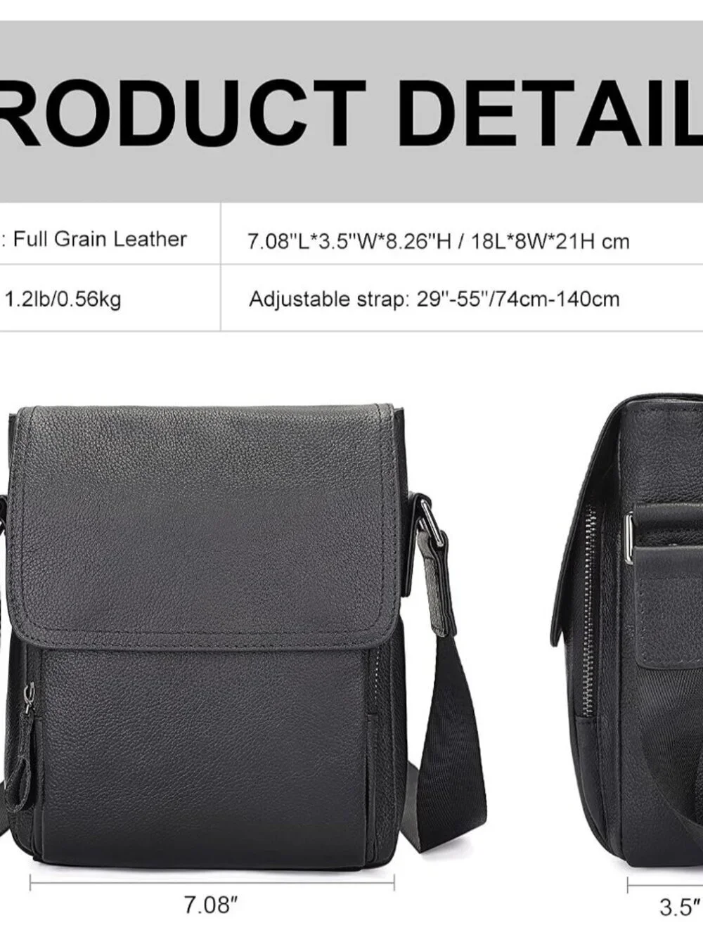 Men's Black Genuine Leather Crossbody Travel Metal Zipper Messenger Hand Bag